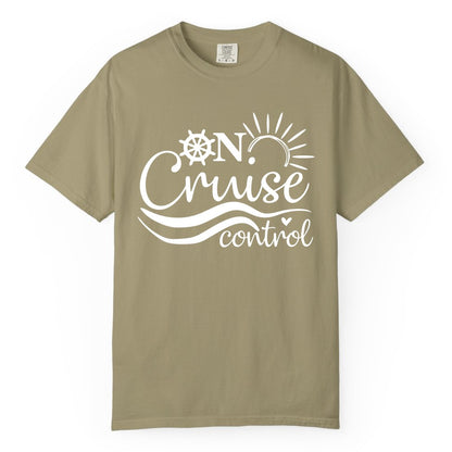 On Cruise Control Shirt - Fun Nautical Cruise Vacation Apparel Tee (Comfort Color) in Khaki - On Cruise Control Shirt - Playful Nautical Sun and Waves Design