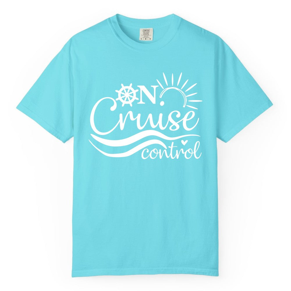 On Cruise Control Shirt - Fun Nautical Cruise Vacation Apparel Tee (Comfort Color) in Lagoon Blue - On Cruise Control Shirt - Playful Nautical Sun and Waves Design