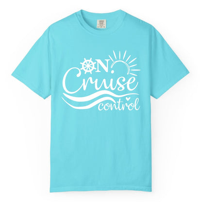 On Cruise Control Shirt - Fun Nautical Cruise Vacation Apparel Tee (Comfort Color) in Lagoon Blue - On Cruise Control Shirt - Playful Nautical Sun and Waves Design