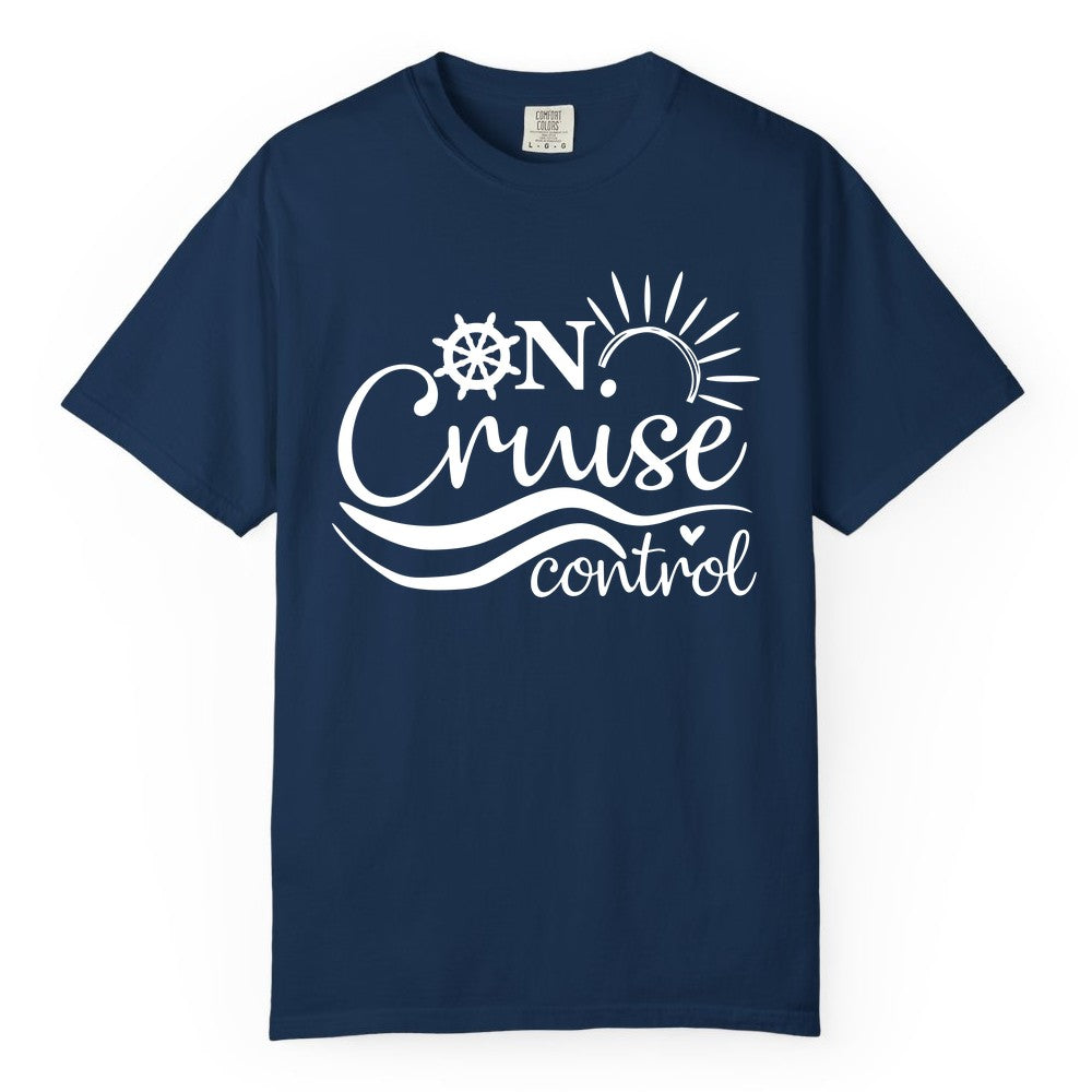 On Cruise Control Shirt - Fun Nautical Cruise Vacation Apparel Tee (Comfort Color) in Navy - On Cruise Control Shirt - Playful Nautical Sun and Waves Design