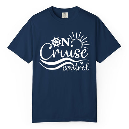 On Cruise Control Shirt - Fun Nautical Cruise Vacation Apparel Tee (Comfort Color) in Navy - On Cruise Control Shirt - Playful Nautical Sun and Waves Design