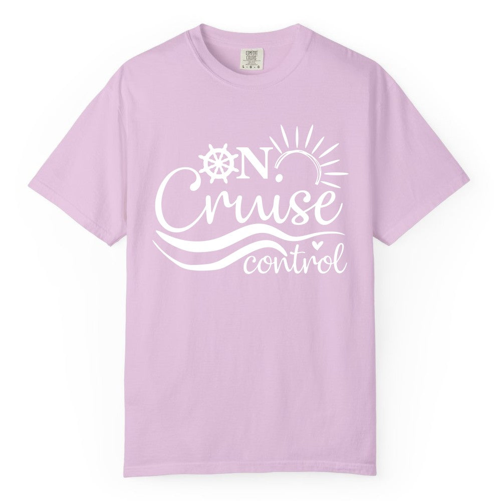 On Cruise Control Shirt - Fun Nautical Cruise Vacation Apparel Tee (Comfort Color) in Orchid - On Cruise Control Shirt - Playful Nautical Sun and Waves Design