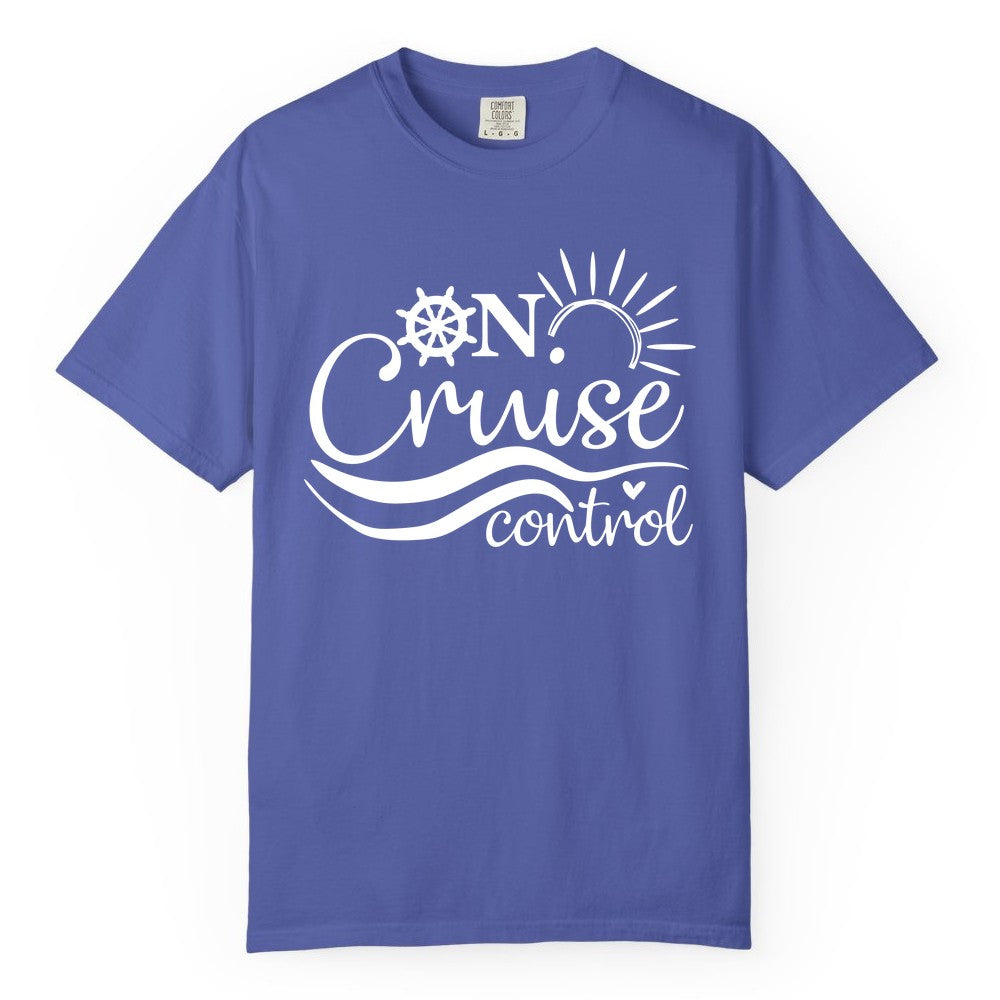 On Cruise Control Shirt - Fun Nautical Cruise Vacation Apparel Tee (Comfort Color) in Periwinkle - On Cruise Control Shirt - Playful Nautical Sun and Waves Design