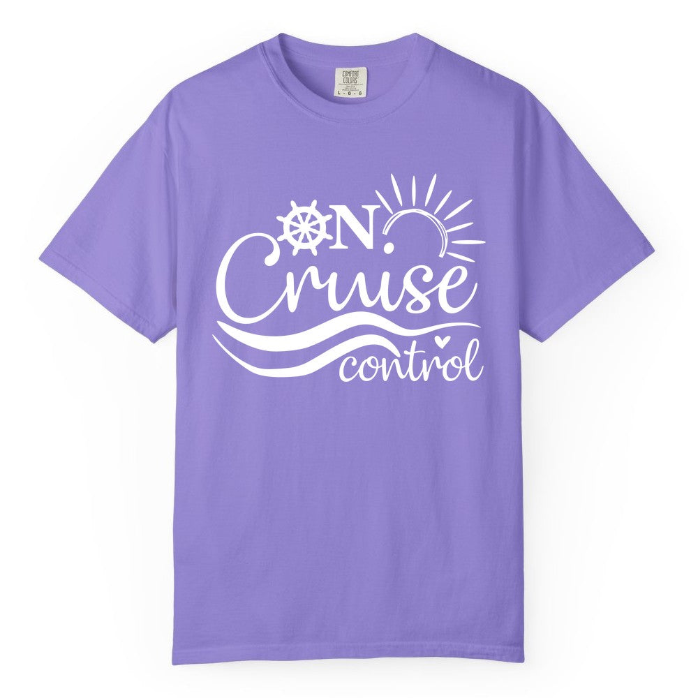 On Cruise Control Shirt - Fun Nautical Cruise Vacation Apparel Tee (Comfort Color) in Violet - On Cruise Control Shirt - Playful Nautical Sun and Waves Design