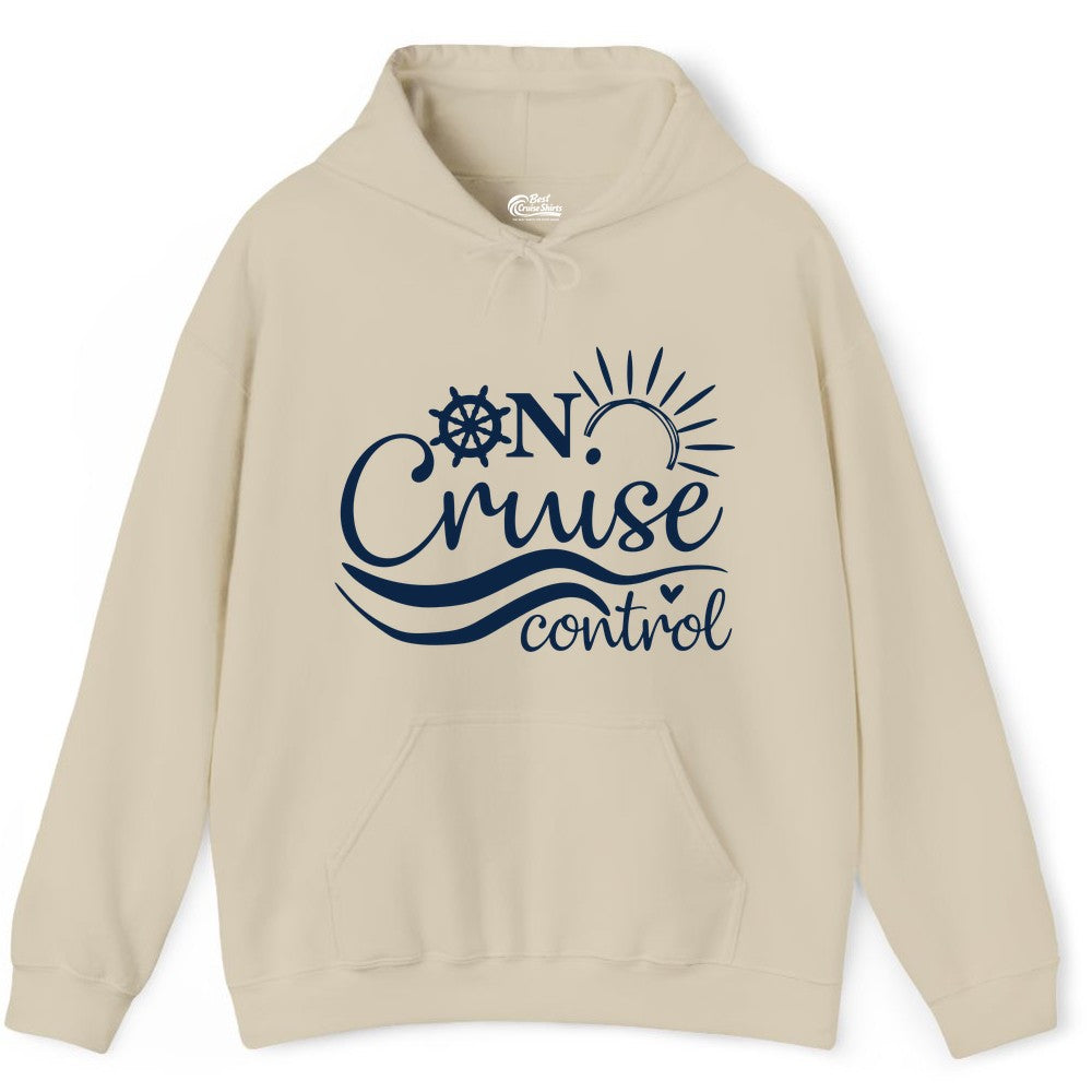 On Cruise Control Shirt - Fun Nautical Cruise Vacation Apparel Tee (Hoodie) in Sand - On Cruise Control Shirt - Playful Nautical Sun and Waves Design