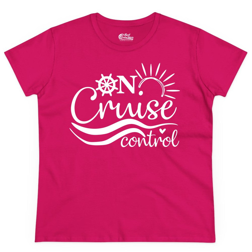 On Cruise Control Shirt - Fun Nautical Cruise Vacation Apparel Tee (Ladies Tee) in Heliconia - On Cruise Control Shirt - Playful Nautical Sun and Waves Design