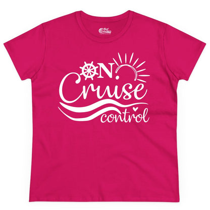 On Cruise Control Shirt - Fun Nautical Cruise Vacation Apparel Tee (Ladies Tee) in Heliconia - On Cruise Control Shirt - Playful Nautical Sun and Waves Design