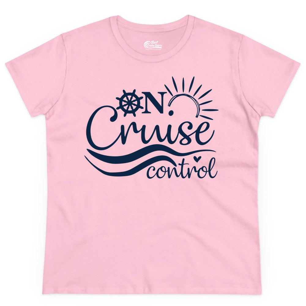 On Cruise Control Shirt - Fun Nautical Cruise Vacation Apparel Tee (Ladies Tee) in Light Pink - On Cruise Control Shirt - Playful Nautical Sun and Waves Design