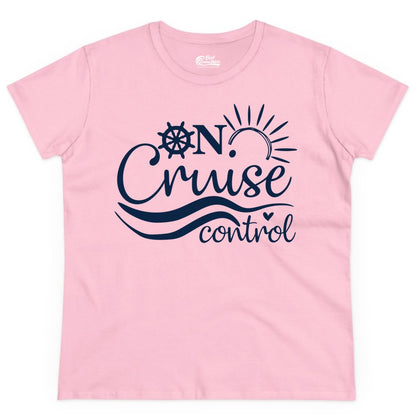 On Cruise Control Shirt - Fun Nautical Cruise Vacation Apparel Tee (Ladies Tee) in Light Pink - On Cruise Control Shirt - Playful Nautical Sun and Waves Design