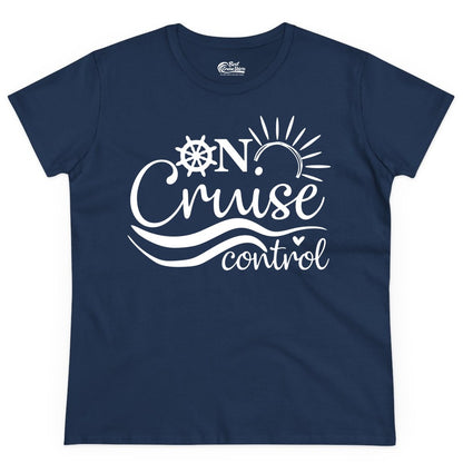 On Cruise Control Shirt - Fun Nautical Cruise Vacation Apparel Tee (Ladies Tee) in Navy - On Cruise Control Shirt - Playful Nautical Sun and Waves Design