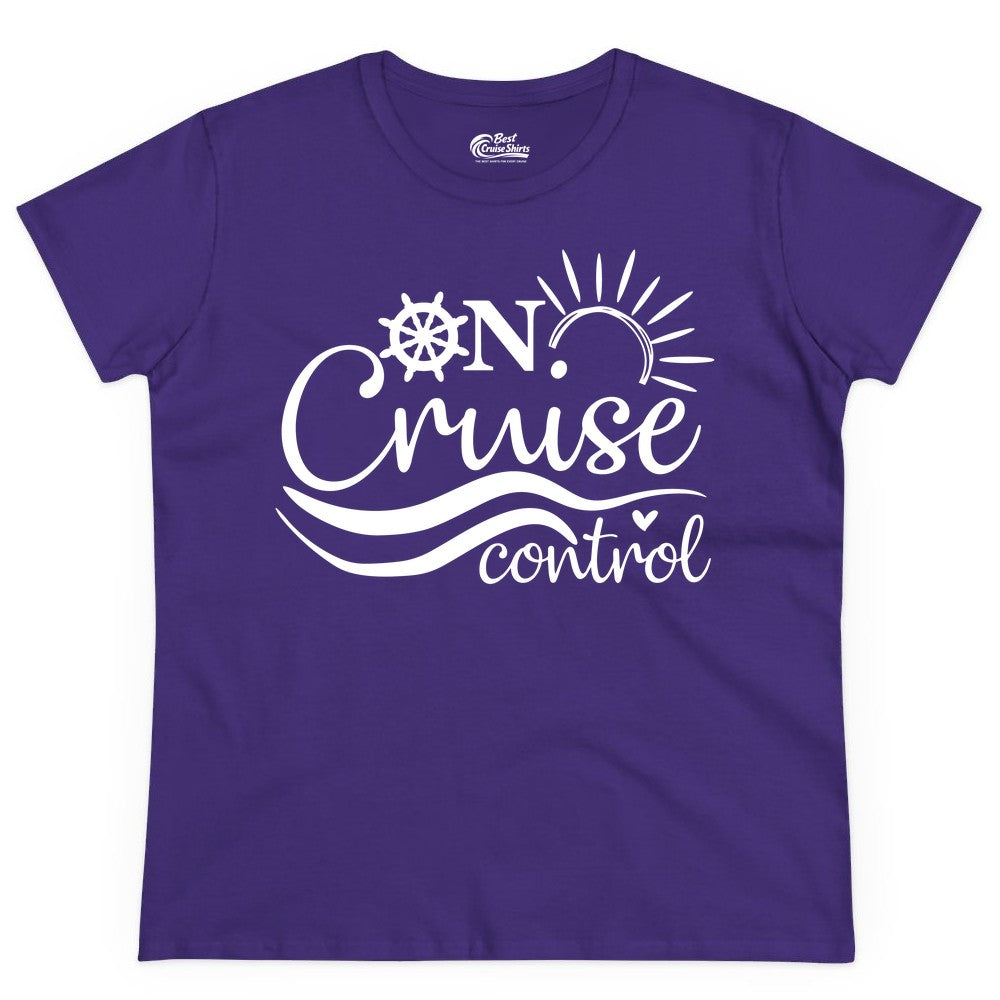 On Cruise Control Shirt - Fun Nautical Cruise Vacation Apparel Tee (Ladies Tee) in Purple - On Cruise Control Shirt - Playful Nautical Sun and Waves Design