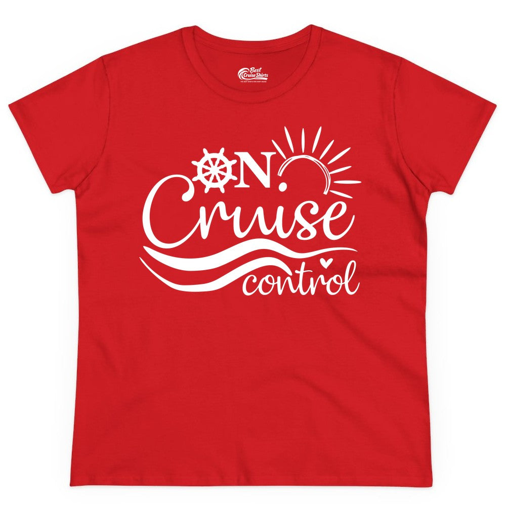 On Cruise Control Shirt - Fun Nautical Cruise Vacation Apparel Tee (Ladies Tee) in Red - On Cruise Control Shirt - Playful Nautical Sun and Waves Design