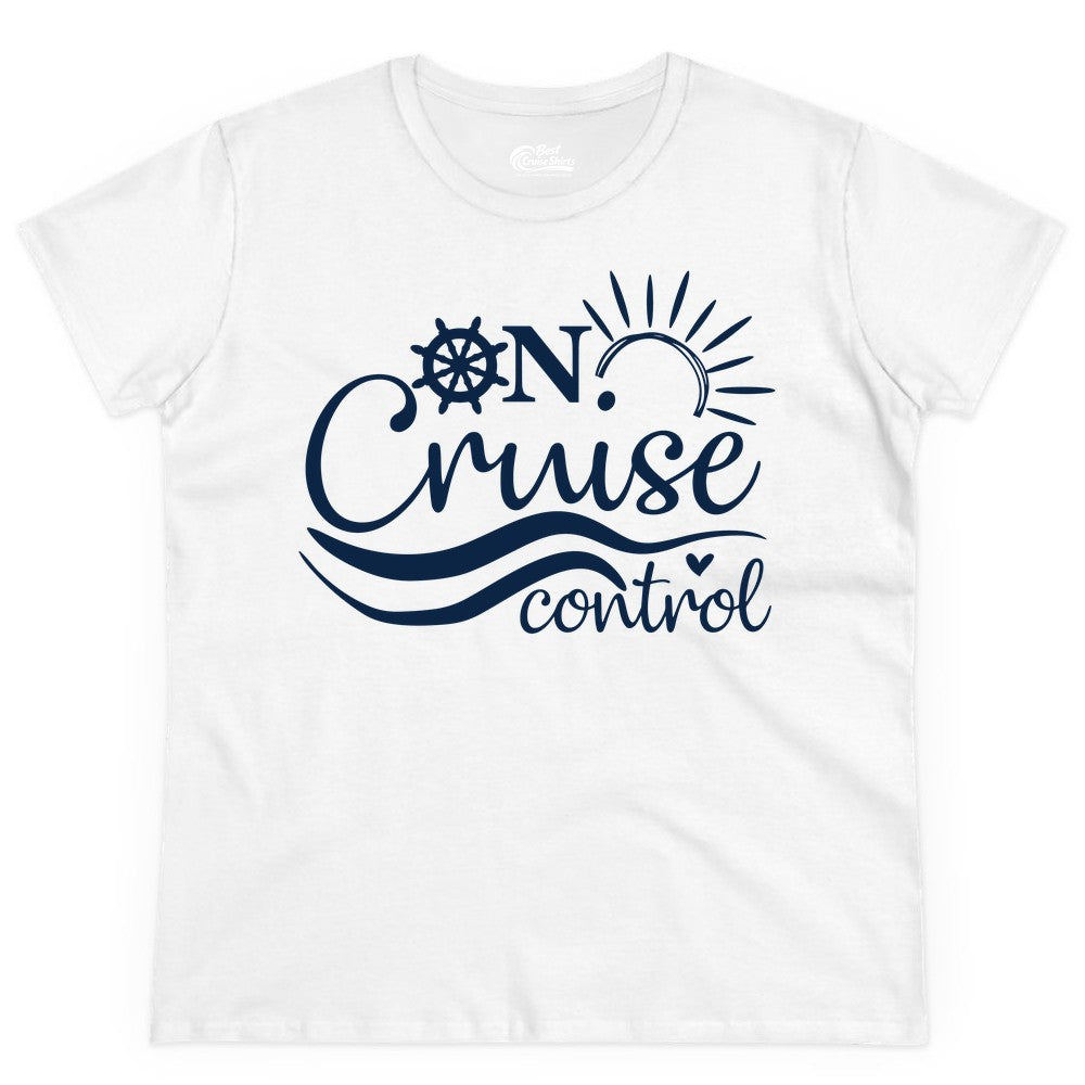 On Cruise Control Shirt - Fun Nautical Cruise Vacation Apparel Tee (Ladies Tee) in White - On Cruise Control Shirt - Playful Nautical Sun and Waves Design