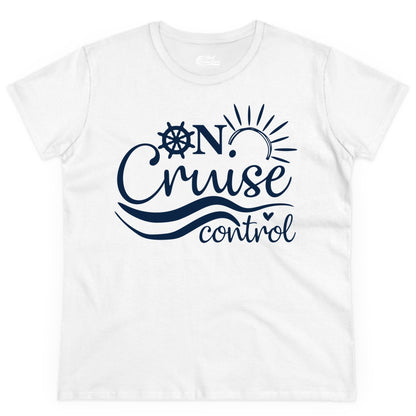 On Cruise Control Shirt - Fun Nautical Cruise Vacation Apparel Tee (Ladies Tee) in White - On Cruise Control Shirt - Playful Nautical Sun and Waves Design