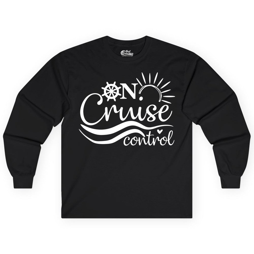 On Cruise Control Shirt - Fun Nautical Cruise Vacation Apparel Tee (Long Sleeve) in Black - On Cruise Control Shirt - Playful Nautical Sun and Waves Design