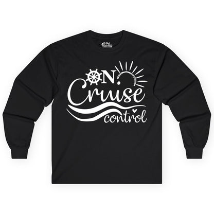 On Cruise Control Shirt - Fun Nautical Cruise Vacation Apparel Tee (Long Sleeve) in Black - On Cruise Control Shirt - Playful Nautical Sun and Waves Design