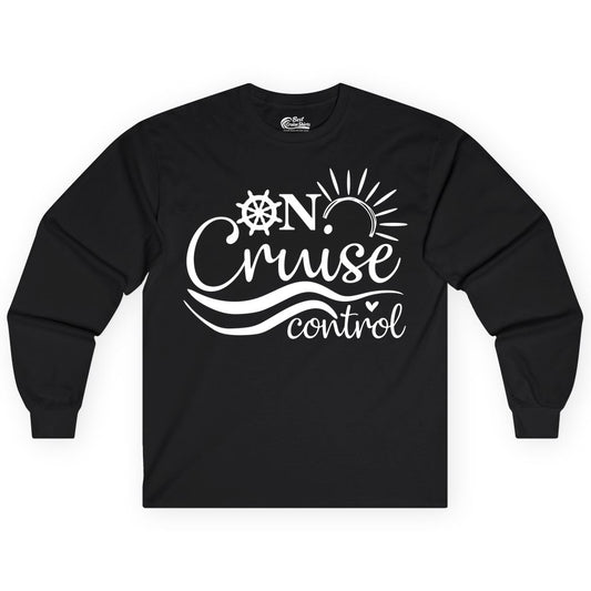 On Cruise Control Shirt - Fun Nautical Cruise Vacation Apparel Tee (Long Sleeve) in Black - On Cruise Control Shirt - Playful Nautical Sun and Waves Design