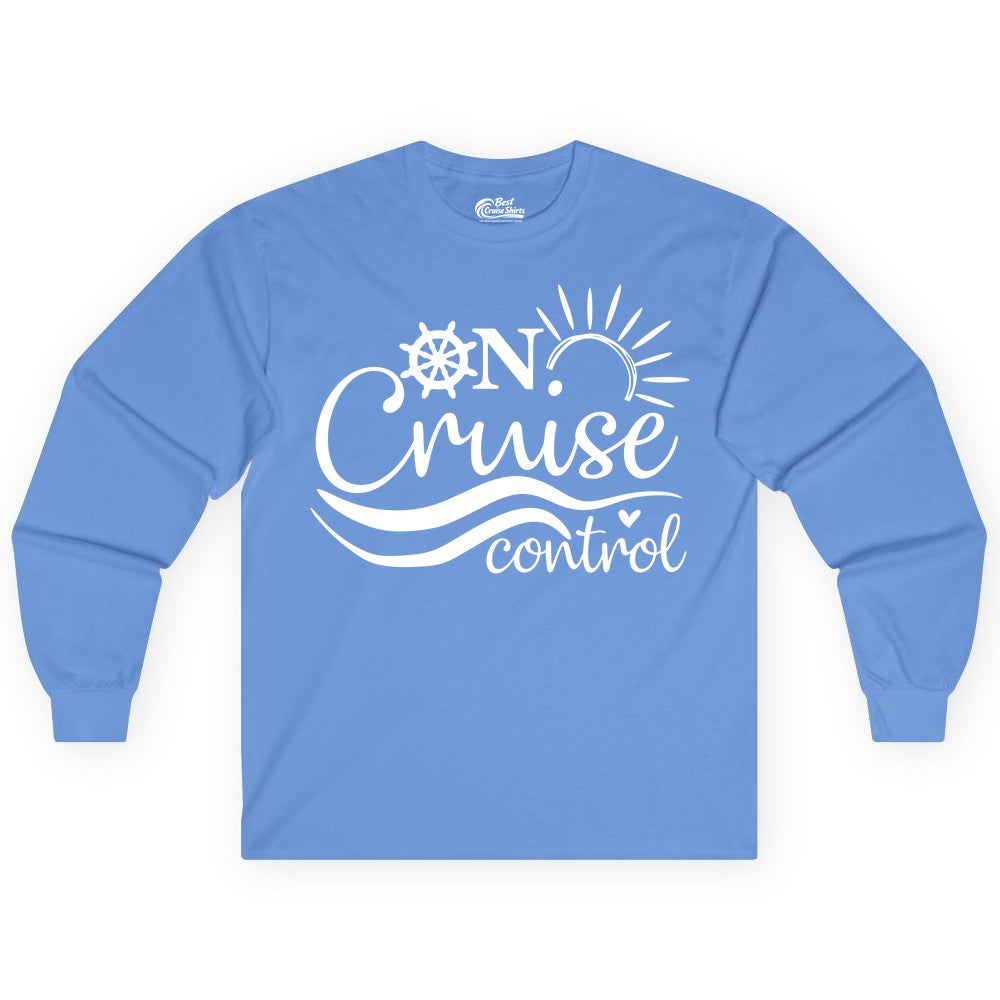 On Cruise Control Shirt - Fun Nautical Cruise Vacation Apparel Tee (Long Sleeve) in Carolina Blue - On Cruise Control Shirt - Playful Nautical Sun and Waves Design