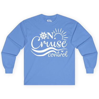 On Cruise Control Shirt - Fun Nautical Cruise Vacation Apparel Tee (Long Sleeve) in Carolina Blue - On Cruise Control Shirt - Playful Nautical Sun and Waves Design