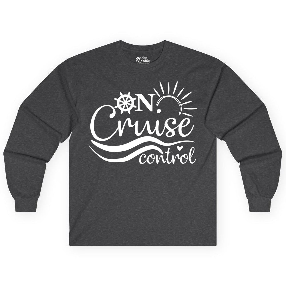 On Cruise Control Shirt - Fun Nautical Cruise Vacation Apparel Tee (Long Sleeve) in Dark Heather - On Cruise Control Shirt - Playful Nautical Sun and Waves Design