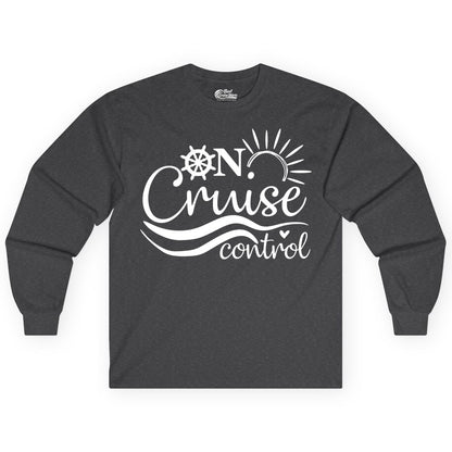 On Cruise Control Shirt - Fun Nautical Cruise Vacation Apparel Tee (Long Sleeve) in Dark Heather - On Cruise Control Shirt - Playful Nautical Sun and Waves Design