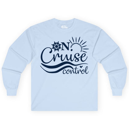 On Cruise Control Shirt - Fun Nautical Cruise Vacation Apparel Tee (Long Sleeve) in Light Blue - On Cruise Control Shirt - Playful Nautical Sun and Waves Design