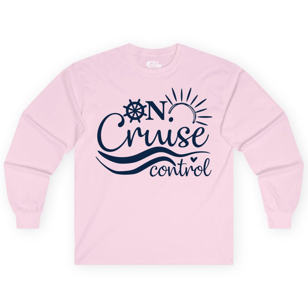 On Cruise Control Shirt - Fun Nautical Cruise Vacation Apparel Tee (Long Sleeve) in Light Pink - On Cruise Control Shirt - Playful Nautical Sun and Waves Design