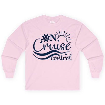 On Cruise Control Shirt - Fun Nautical Cruise Vacation Apparel Tee (Long Sleeve) in Light Pink - On Cruise Control Shirt - Playful Nautical Sun and Waves Design