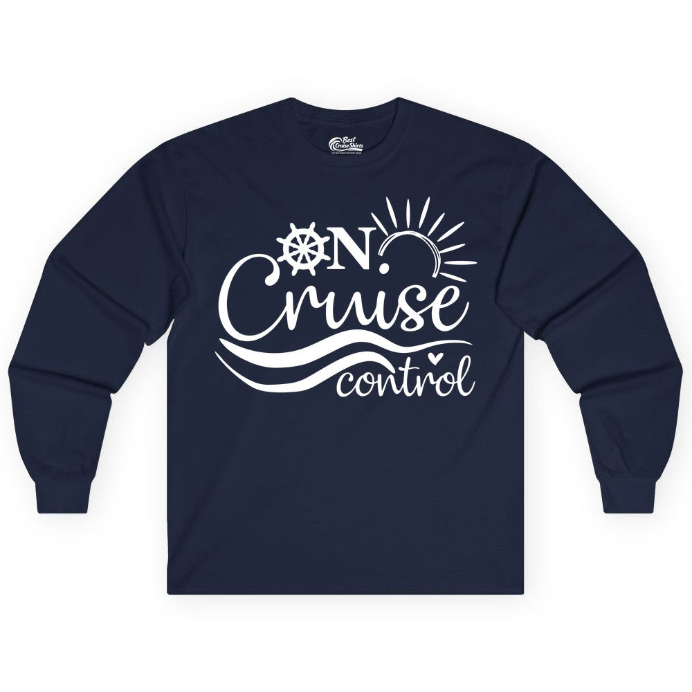On Cruise Control Shirt - Fun Nautical Cruise Vacation Apparel Tee (Long Sleeve) in Navy - On Cruise Control Shirt - Playful Nautical Sun and Waves Design