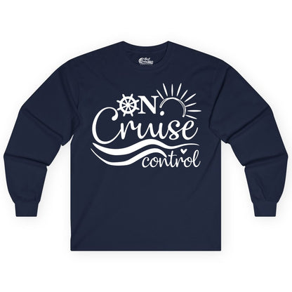 On Cruise Control Shirt - Fun Nautical Cruise Vacation Apparel Tee (Long Sleeve) in Navy - On Cruise Control Shirt - Playful Nautical Sun and Waves Design