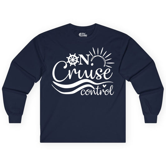 On Cruise Control Shirt - Fun Nautical Cruise Vacation Apparel Tee (Long Sleeve) in Navy - On Cruise Control Shirt - Playful Nautical Sun and Waves Design