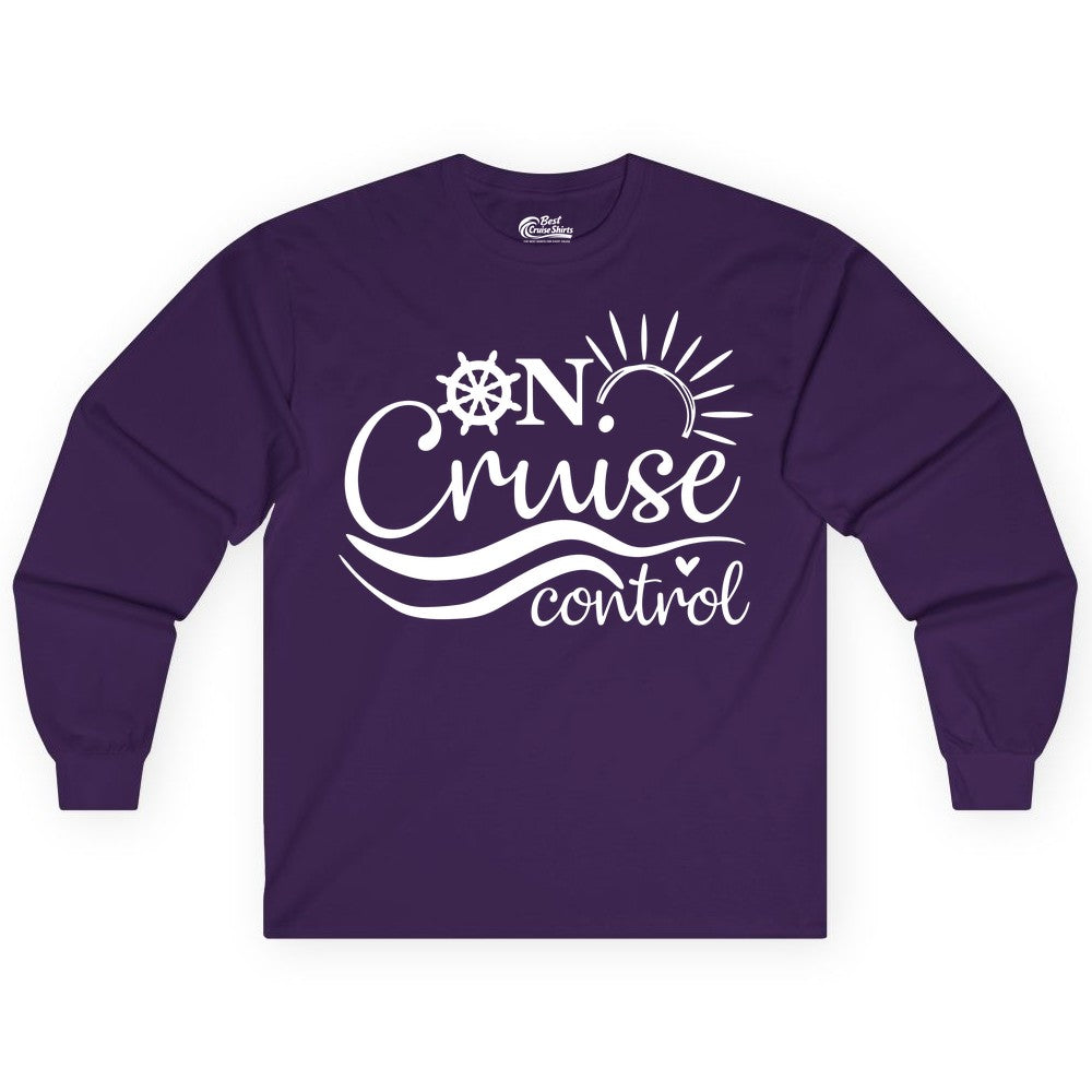 On Cruise Control Shirt - Fun Nautical Cruise Vacation Apparel Tee (Long Sleeve) in Purple - On Cruise Control Shirt - Playful Nautical Sun and Waves Design