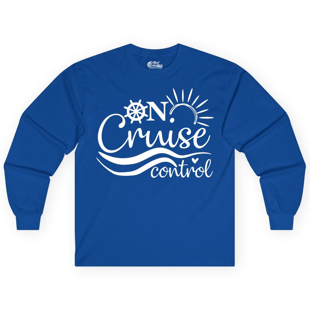 On Cruise Control Shirt - Fun Nautical Cruise Vacation Apparel Tee (Long Sleeve) in Royal - On Cruise Control Shirt - Playful Nautical Sun and Waves Design