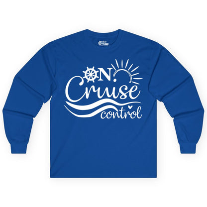 On Cruise Control Shirt - Fun Nautical Cruise Vacation Apparel Tee (Long Sleeve) in Royal - On Cruise Control Shirt - Playful Nautical Sun and Waves Design
