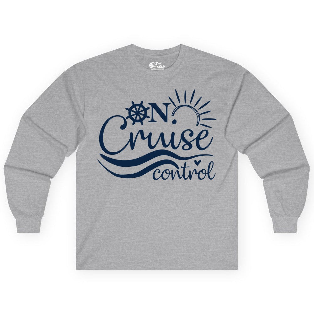 On Cruise Control Shirt - Fun Nautical Cruise Vacation Apparel Tee (Long Sleeve) in Sport Grey - On Cruise Control Shirt - Playful Nautical Sun and Waves Design
