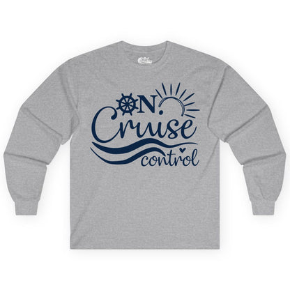 On Cruise Control Shirt - Fun Nautical Cruise Vacation Apparel Tee (Long Sleeve) in Sport Grey - On Cruise Control Shirt - Playful Nautical Sun and Waves Design