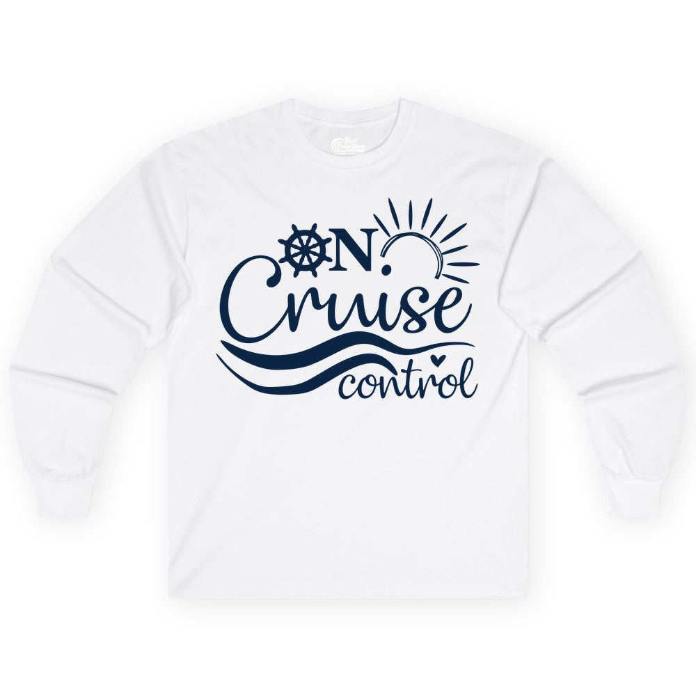 On Cruise Control Shirt - Fun Nautical Cruise Vacation Apparel Tee (Long Sleeve) in White - On Cruise Control Shirt - Playful Nautical Sun and Waves Design