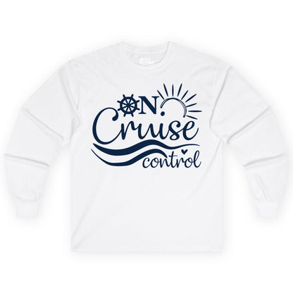 On Cruise Control Shirt - Fun Nautical Cruise Vacation Apparel Tee (Long Sleeve) in White - On Cruise Control Shirt - Playful Nautical Sun and Waves Design
