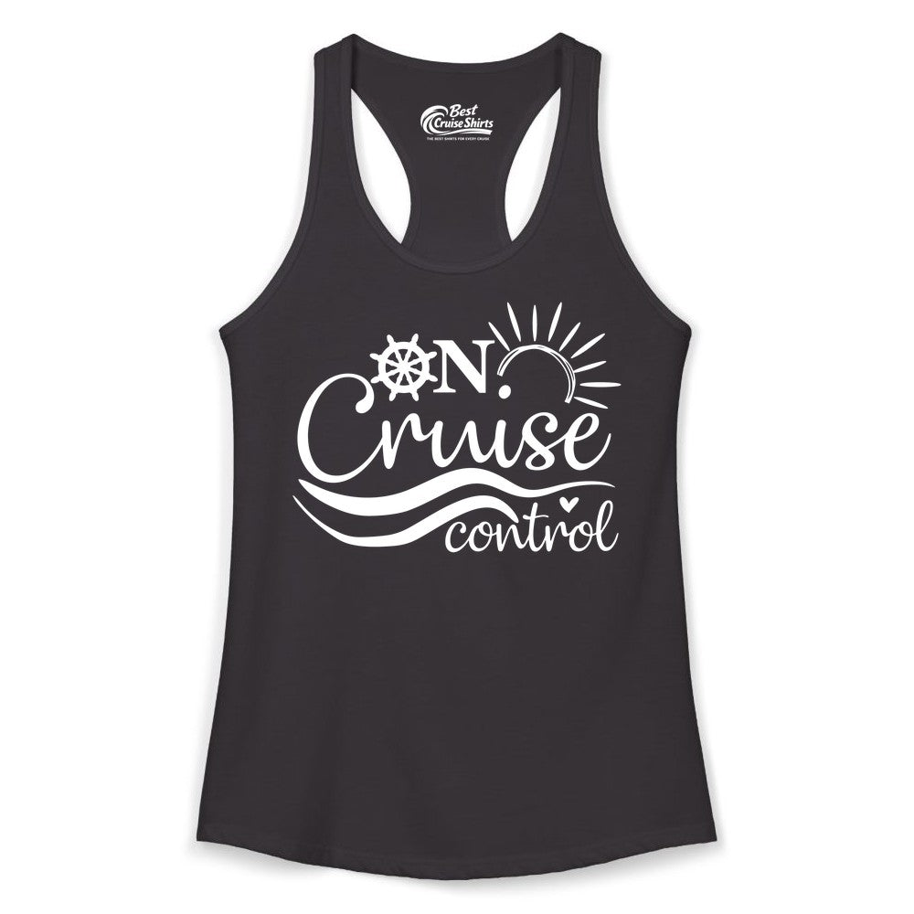 On Cruise Control Shirt - Fun Nautical Cruise Vacation Apparel Tee (Ladies Tank) in Black - On Cruise Control Shirt - Playful Nautical Sun and Waves Design