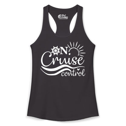 On Cruise Control Shirt - Fun Nautical Cruise Vacation Apparel Tee (Ladies Tank) in Black - On Cruise Control Shirt - Playful Nautical Sun and Waves Design