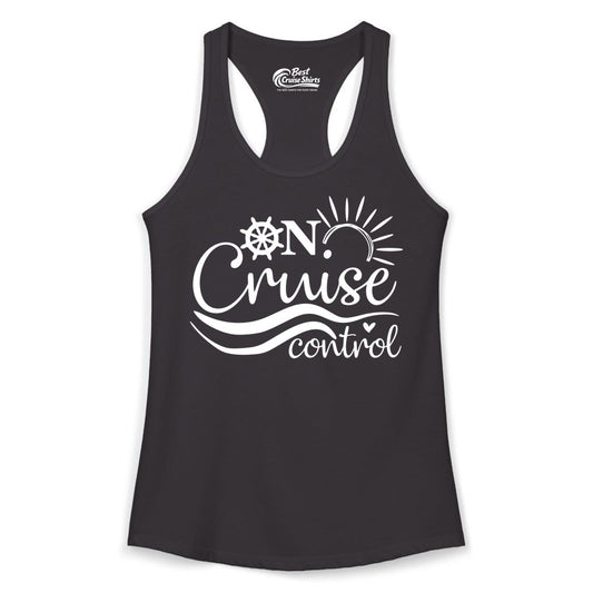 On Cruise Control Shirt - Fun Nautical Cruise Vacation Apparel Tee (Ladies Tank) in Black - On Cruise Control Shirt - Playful Nautical Sun and Waves Design