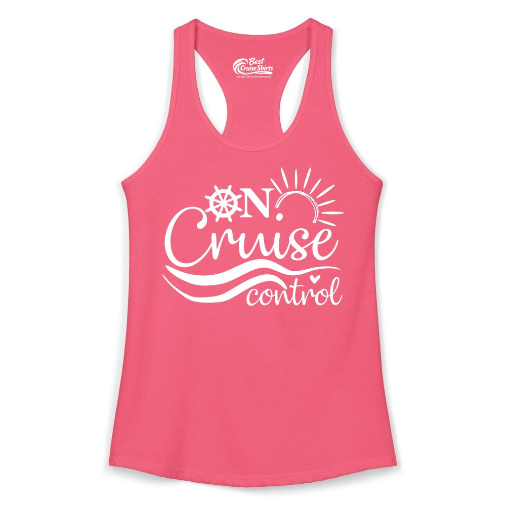 On Cruise Control Shirt - Fun Nautical Cruise Vacation Apparel Tee (Ladies Tank) in Hot Pink - On Cruise Control Shirt - Playful Nautical Sun and Waves Design