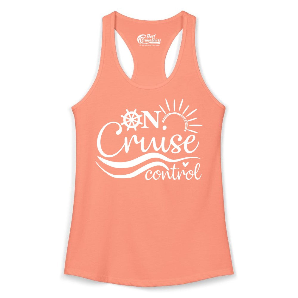 On Cruise Control Shirt - Fun Nautical Cruise Vacation Apparel Tee (Ladies Tank) in Solid Light Orange - On Cruise Control Shirt - Playful Nautical Sun and Waves Design