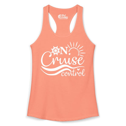 On Cruise Control Shirt - Fun Nautical Cruise Vacation Apparel Tee (Ladies Tank) in Solid Light Orange - On Cruise Control Shirt - Playful Nautical Sun and Waves Design