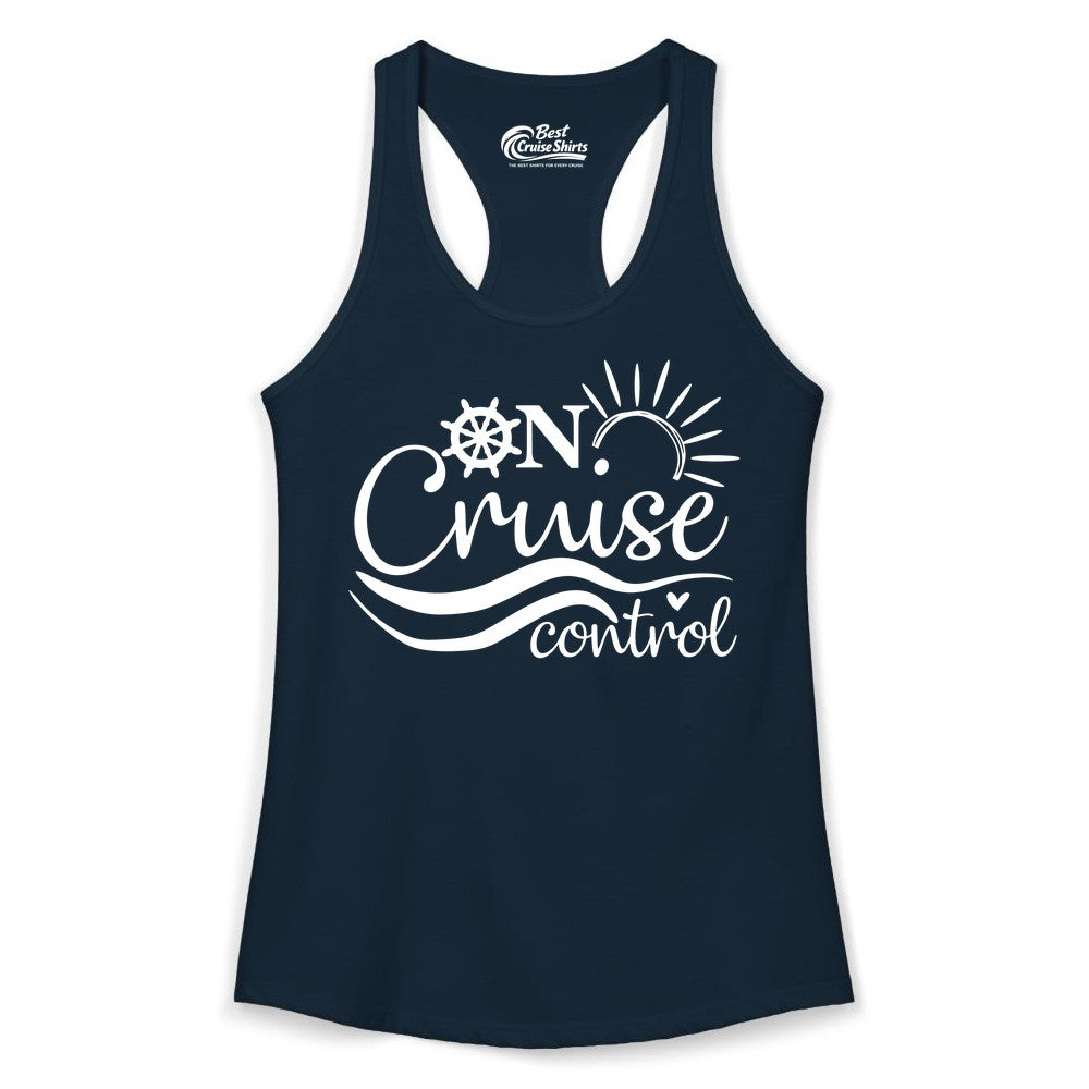On Cruise Control Shirt - Fun Nautical Cruise Vacation Apparel Tee (Ladies Tank) in Solid Midnight Navy - On Cruise Control Shirt - Playful Nautical Sun and Waves Design