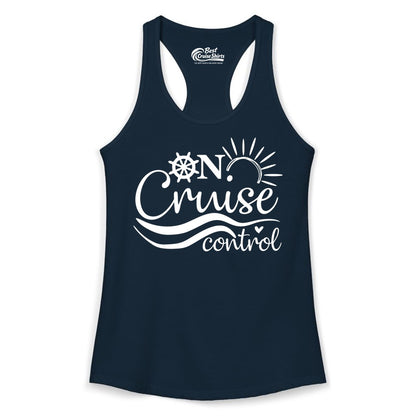 On Cruise Control Shirt - Fun Nautical Cruise Vacation Apparel Tee (Ladies Tank) in Solid Midnight Navy - On Cruise Control Shirt - Playful Nautical Sun and Waves Design