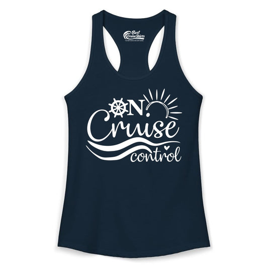 On Cruise Control Shirt - Fun Nautical Cruise Vacation Apparel Tee (Ladies Tank) in Solid Midnight Navy - On Cruise Control Shirt - Playful Nautical Sun and Waves Design