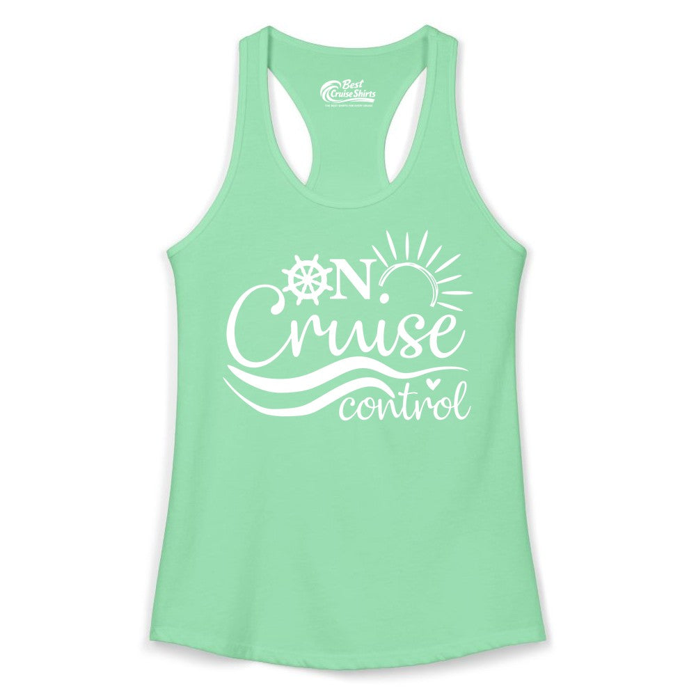 On Cruise Control Shirt - Fun Nautical Cruise Vacation Apparel Tee (Ladies Tank) in Solid Mint - On Cruise Control Shirt - Playful Nautical Sun and Waves Design