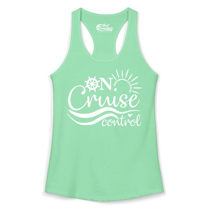 On Cruise Control Shirt - Fun Nautical Cruise Vacation Apparel Tee (Ladies Tank) in Solid Mint - On Cruise Control Shirt - Playful Nautical Sun and Waves Design