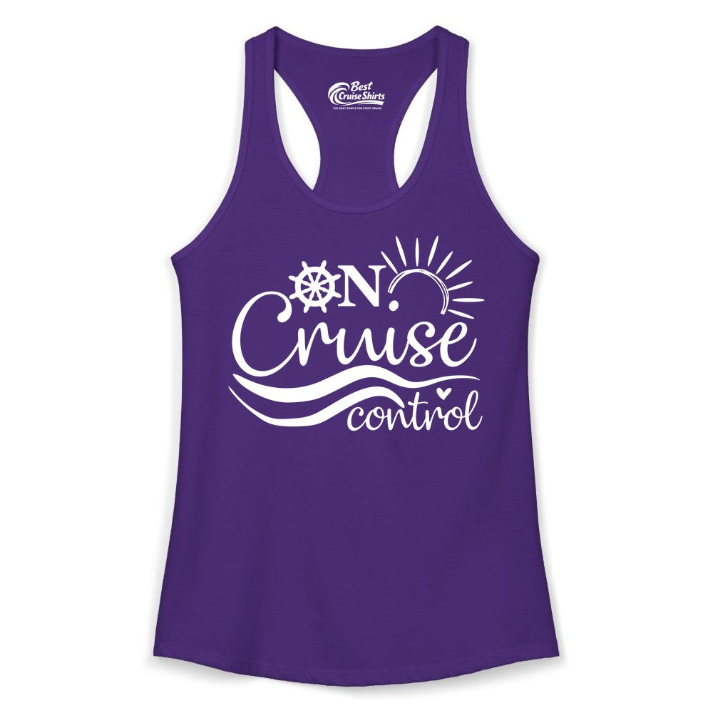 On Cruise Control Shirt - Fun Nautical Cruise Vacation Apparel Tee (Ladies Tank) in Solid Purple Rush - On Cruise Control Shirt - Playful Nautical Sun and Waves Design